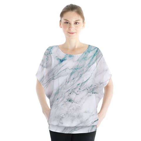 Gray Faux Marble Blue Accent Batwing Chiffon Blouse by Dushan