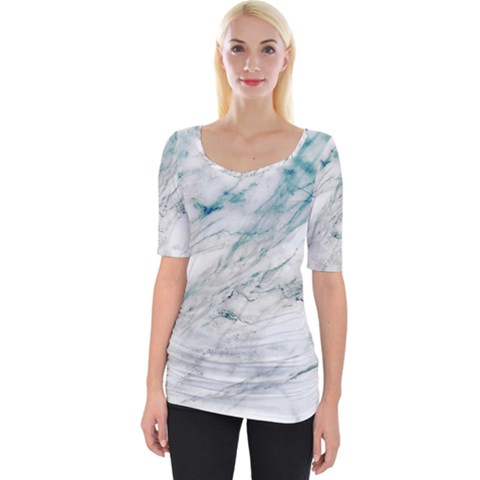 Gray Faux Marble Blue Accent Wide Neckline Tee by Dushan