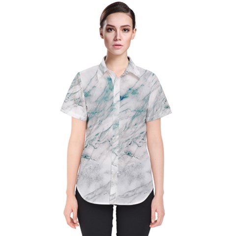 Gray Faux Marble Blue Accent Women s Short Sleeve Shirt by Dushan