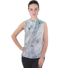 Gray Faux Marble Blue Accent Mock Neck Chiffon Sleeveless Top