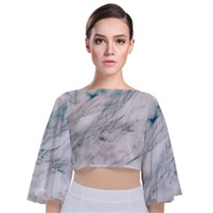 Gray Faux Marble Blue Accent Tie Back Butterfly Sleeve Chiffon Top by Dushan