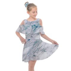 Gray Faux Marble Blue Accent Kids  Shoulder Cutout Chiffon Dress by Dushan