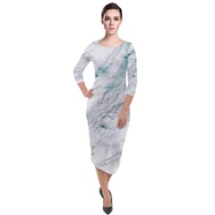 Gray Faux Marble Blue Accent Quarter Sleeve Midi Velour Bodycon Dress by Dushan