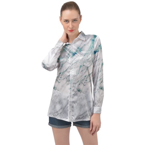 Gray Faux Marble Blue Accent Long Sleeve Satin Shirt by Dushan