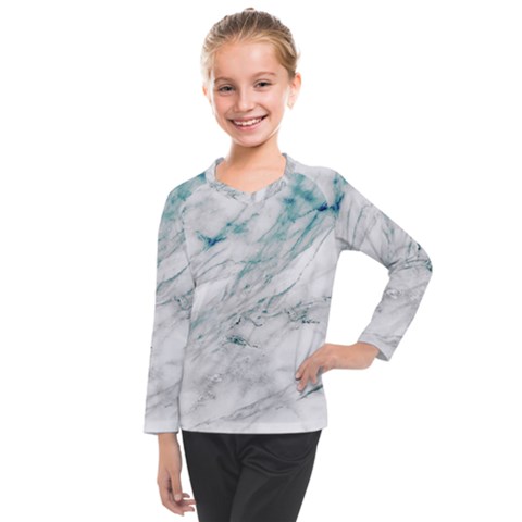 Gray Faux Marble Blue Accent Kids  Long Mesh Tee by Dushan