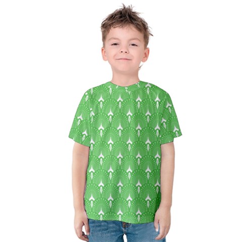 Green And White Art-deco Pattern Kids  Cotton Tee by Dushan