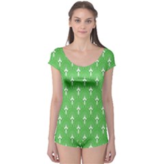 Green And White Art-deco Pattern Boyleg Leotard  by Dushan