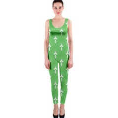 Green And White Art-deco Pattern One Piece Catsuit by Dushan