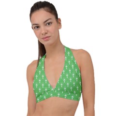 Green And White Art-deco Pattern Halter Plunge Bikini Top by Dushan