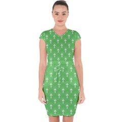 Green And White Art-deco Pattern Capsleeve Drawstring Dress  by Dushan