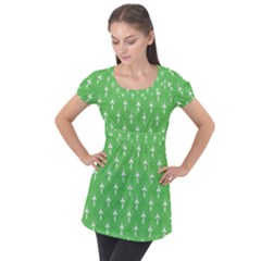 Green And White Art-deco Pattern Puff Sleeve Tunic Top by Dushan