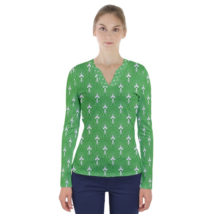 Green and white art-deco pattern V-Neck Long Sleeve Top