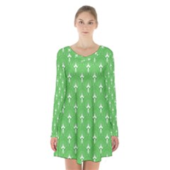 Green And White Art-deco Pattern Long Sleeve Velvet V-neck Dress