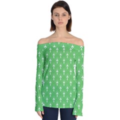 Green And White Art-deco Pattern Off Shoulder Long Sleeve Top by Dushan