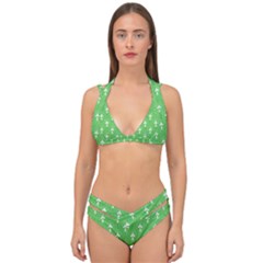 Green And White Art-deco Pattern Double Strap Halter Bikini Set by Dushan