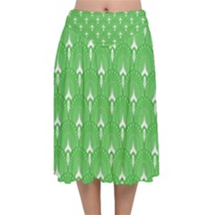 Green And White Art-deco Pattern Velvet Flared Midi Skirt by Dushan