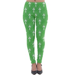 Green And White Art-deco Pattern Lightweight Velour Leggings by Dushan