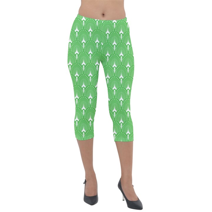 Green and white art-deco pattern Lightweight Velour Capri Leggings 