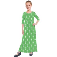 Green And White Art-deco Pattern Kids  Quarter Sleeve Maxi Dress by Dushan