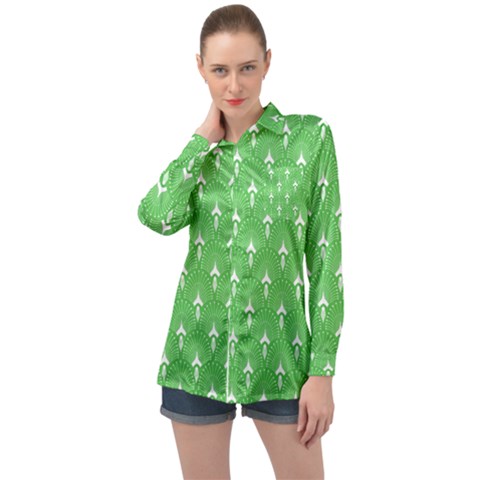 Green And White Art-deco Pattern Long Sleeve Satin Shirt by Dushan