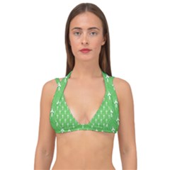 Green And White Art-deco Pattern Double Strap Halter Bikini Top by Dushan