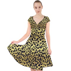 Gold And Black, Metallic Leopard Spots Pattern, Wild Cats Fur Cap Sleeve Front Wrap Midi Dress by Casemiro