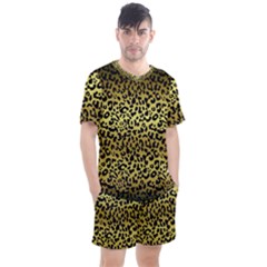 Gold And Black, Metallic Leopard Spots Pattern, Wild Cats Fur Men s Mesh Tee And Shorts Set