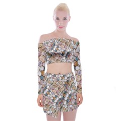 Rounded Stones Print Motif Off Shoulder Top With Mini Skirt Set