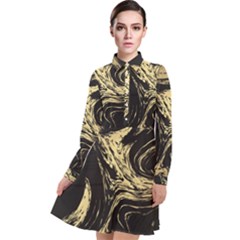 Black And Gold Marble Long Sleeve Chiffon Shirt Dress by Dushan