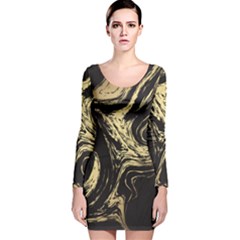 Black And Gold Marble Long Sleeve Velvet Bodycon Dress by Dushan