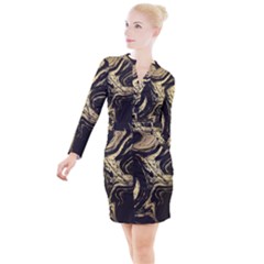 Black And Gold Marble Button Long Sleeve Dress by Dushan