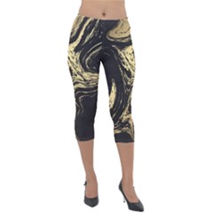 Black And Gold Marble Lightweight Velour Capri Leggings  by Dushan