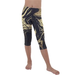 Black And Gold Marble Kids  Lightweight Velour Capri Leggings  by Dushan