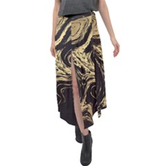 Black And Gold Marble Velour Split Maxi Skirt by Dushan