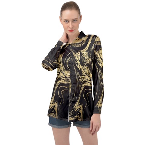 Black And Gold Marble Long Sleeve Satin Shirt by Dushan