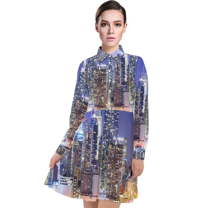 New-York CityScape  Long Sleeve Chiffon Shirt Dress