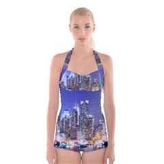 New-york Cityscape  Boyleg Halter Swimsuit  by Dushan