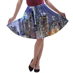 New-york Cityscape  A-line Skater Skirt by Dushan