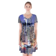 New-york Cityscape  Short Sleeve V-neck Flare Dress by Dushan