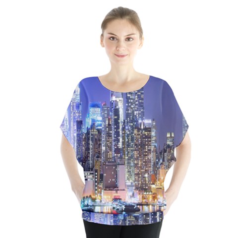 New-york Cityscape  Batwing Chiffon Blouse by Dushan