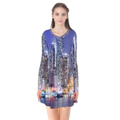 New-york Cityscape  Long Sleeve V-neck Flare Dress by Dushan