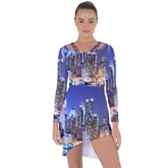 New-york Cityscape  Asymmetric Cut-out Shift Dress by Dushan