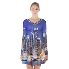 New-york Cityscape  Long Sleeve Velvet V-neck Dress by Dushan