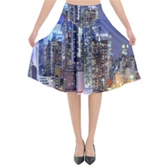 New-york Cityscape  Flared Midi Skirt by Dushan