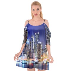 New-york Cityscape  Cutout Spaghetti Strap Chiffon Dress by Dushan