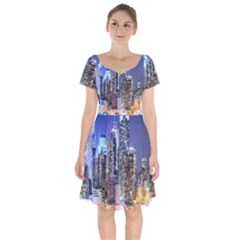 New-york Cityscape  Short Sleeve Bardot Dress by Dushan