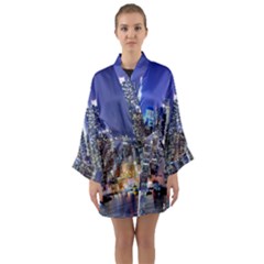 New-york Cityscape  Long Sleeve Satin Kimono by Dushan