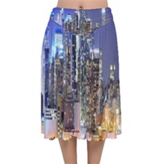 New-york Cityscape  Velvet Flared Midi Skirt by Dushan