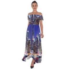 New-york Cityscape  Off Shoulder Open Front Chiffon Dress by Dushan