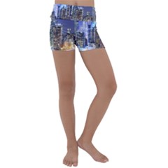 New-york Cityscape  Kids  Lightweight Velour Yoga Shorts by Dushan